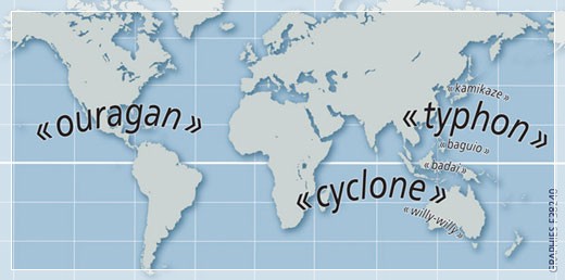 Localisation des cyclones tropicaux (ouragans, cyclones et typhons)